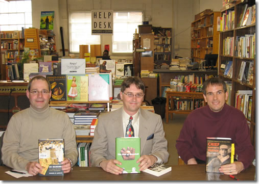 baseball-bonanza Dan Levitt, author of Ed Barrow: The Bulldog Who Built the Yankees’ First Dynasty, Peter Schilling, author of The End of Baseball, and Tom Swift with Chief Bender’s Burden appeared at the “Big Baseball Book Bonanza” at Magers & Quinn Booksellers on April 12.